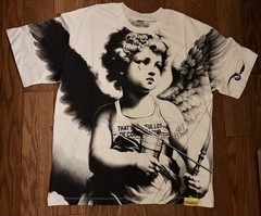 Men’s White/Black Cupid Angel Graphic Print Cotton Knit Crew Neck Tee Size L