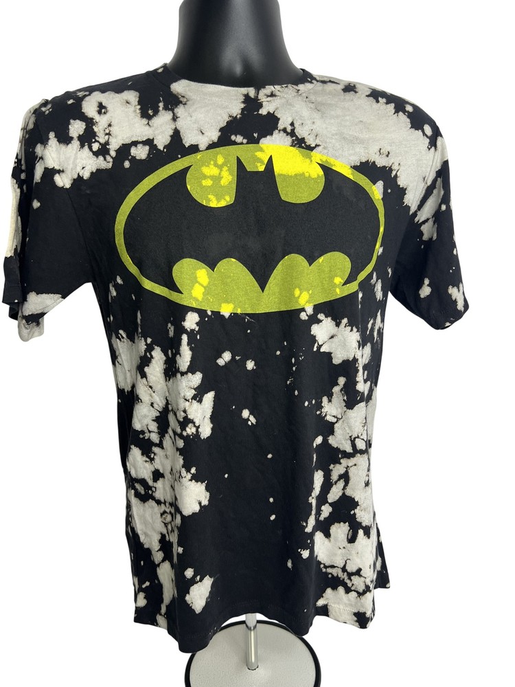 Batman Shirt Mens Small Black Yellow Tie Dye Bleach DC Comics Superhero Tee