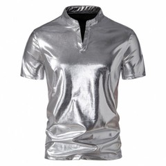 Men’s Glossy Henry Collar Fashion Nightclub T-Shirt