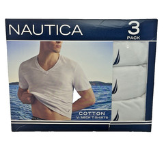 New NAUTICA Small 34-36 Men’s 3-Pack White V-Neck Cotton T-Shirts w/Logo