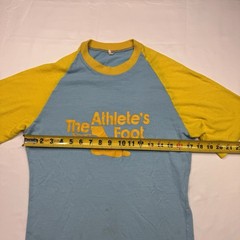 Vintage 70s Athlete’s Foot T-Shirt Medium Single Stitch Blue Yellow Stained