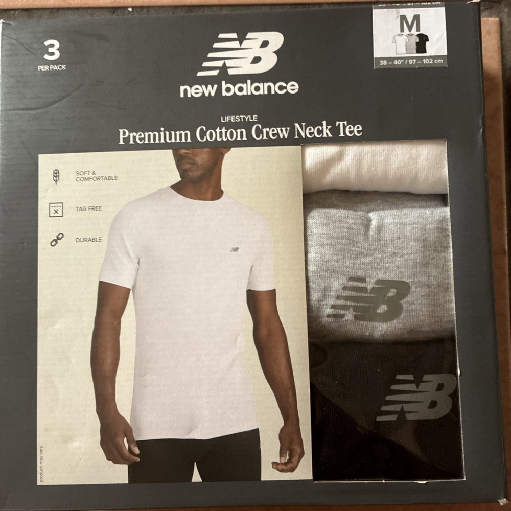 New Balance Men’s Sz M 3 Pack White Gray Black Tag Free Cotton Crew Neck Tee NIB