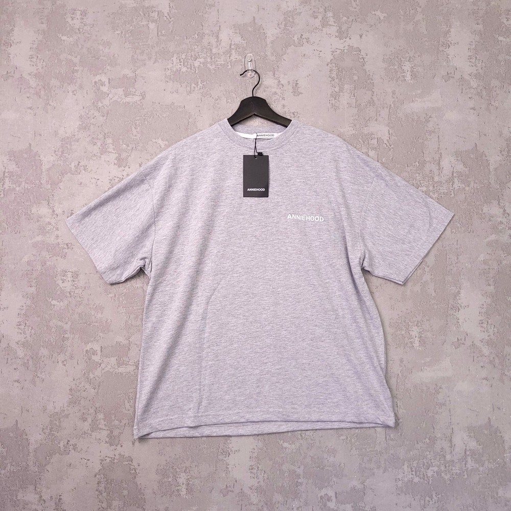 Annie hood Logo T-Shirt Womens S Oversized Grey Crew Neck 100% Cotton Tee