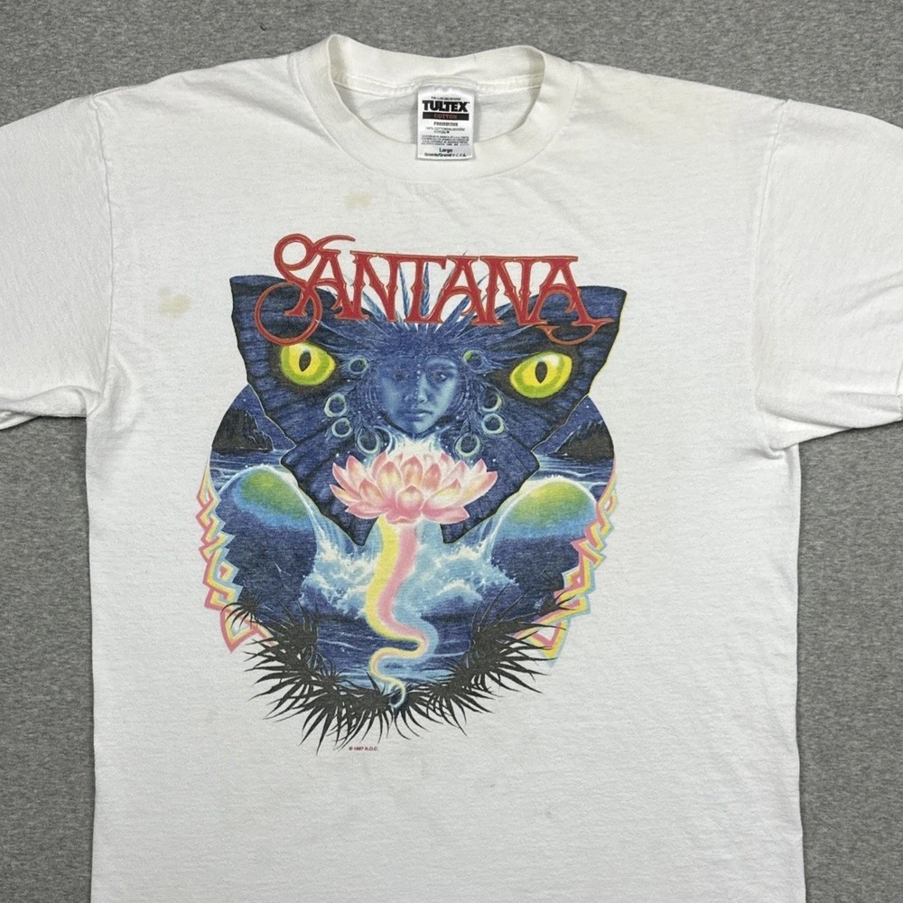 Vintage Santana T Shirt Mens Large 90s Rock Band White Psychedelic Double Sided