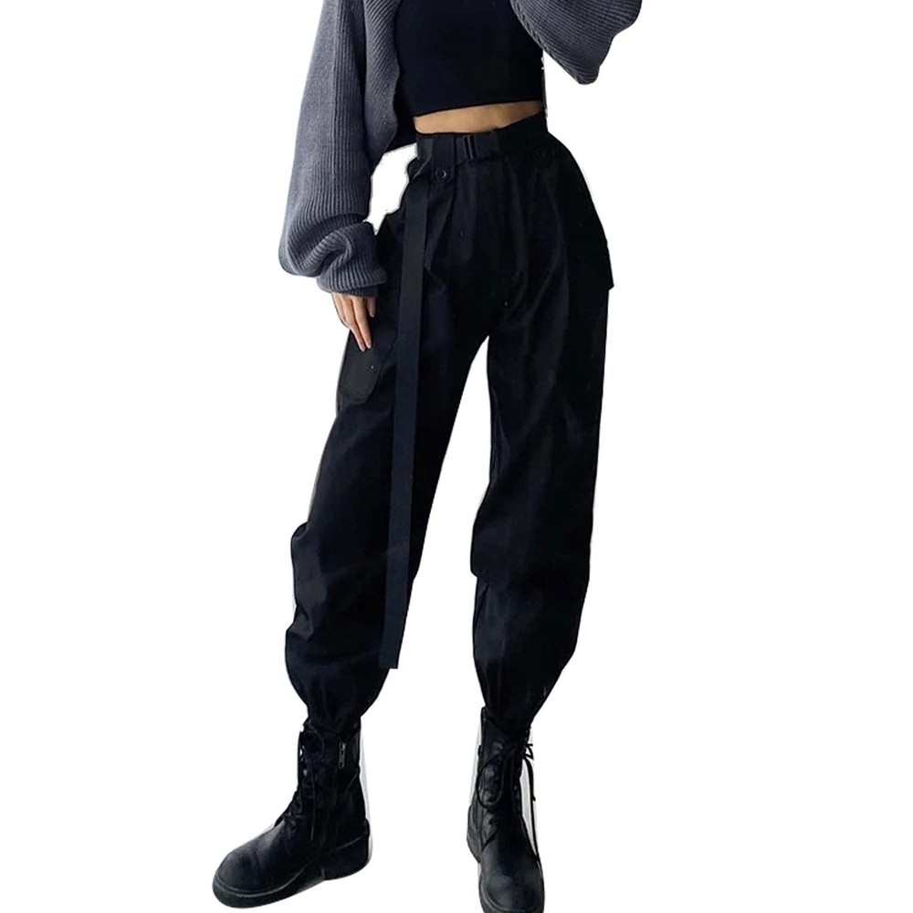 High Waist Solid Color Large Pocket Cargo Pants Women Loose Bundle Foot Ribbon