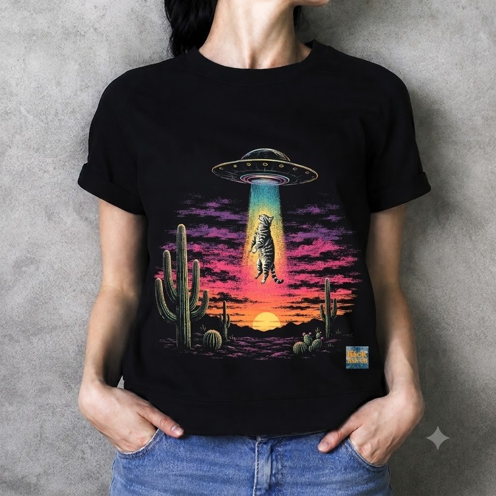 Vintage Funny Cat Meme Shirt Flying Saucer Retro Graphic Unisex Tee
