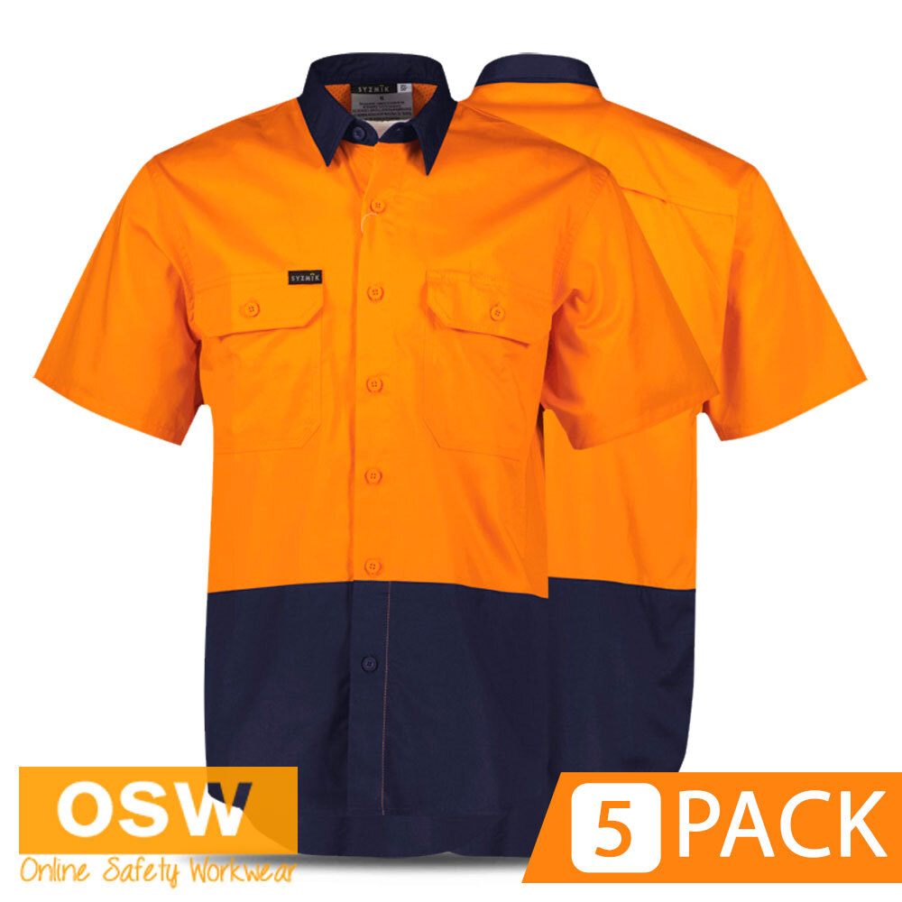 5 Pack Lightweight Men’s Hi Vis Short Sleeve Shirt 100% Cotton Drill Triple