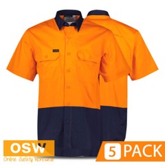 5 Pack Lightweight Men’s Hi Vis Short Sleeve Shirt 100% Cotton Drill Triple