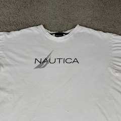 Nautica Shirt Mens Large White Blue Spell Out Logo Short Sleeve Cotton READ