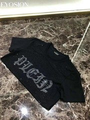 New Fashion Trend Rhinestone Summer Short Sleeve Luxury Men Cotton Black T-Shirt