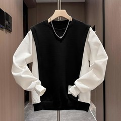 Men Spliced Contrast Color Fake Two Piece Round Neck Sweatshirt for Daily