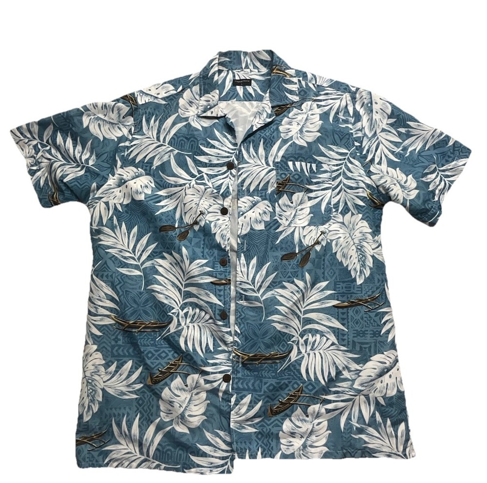 Tropical Storm Men’s Shirt Size L Blue Aloha Hawaiian Floral Canoe Print Casual