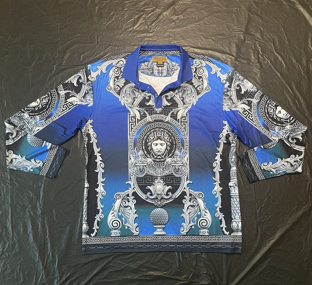 Prestige Men’s Long Sleeve Versace Like Graphic Print Greek Key Shirt Blue 3X