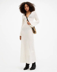 All Saints Womens Karma Crochet Maxi Dress Designer Chalk Slim Fit Long Sleeve