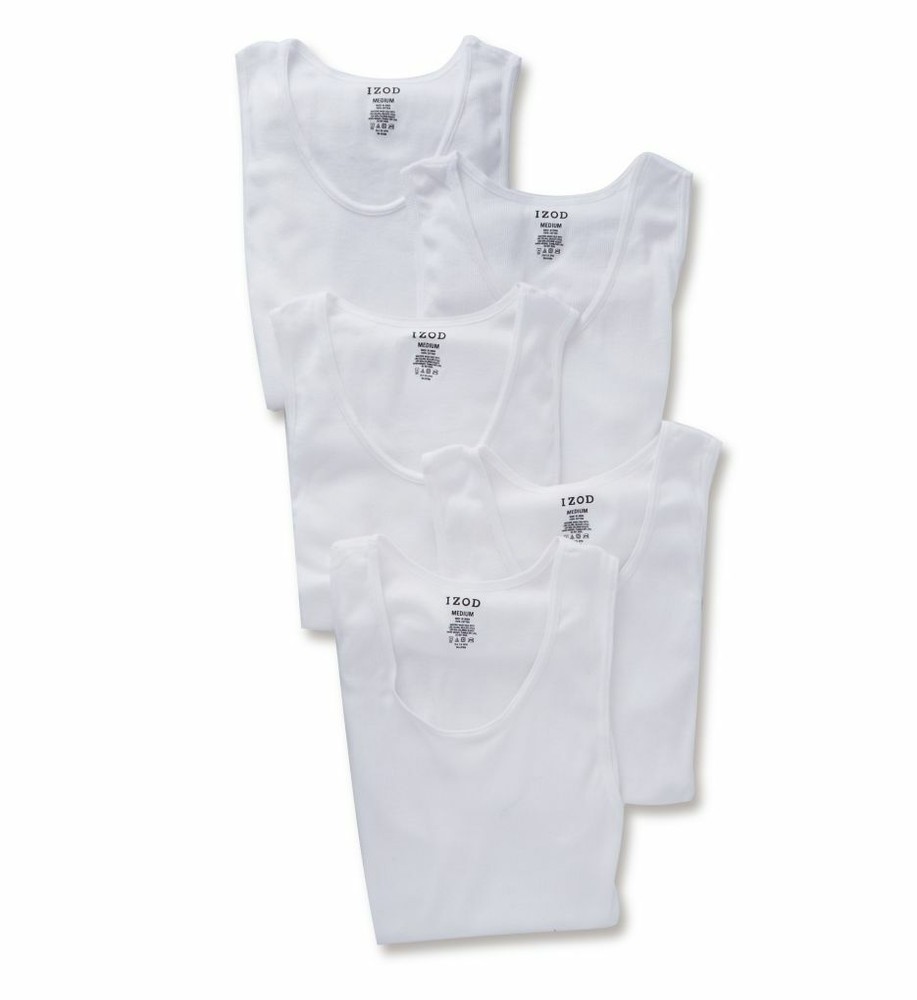 NWT IZOD Size M 38-40 5-Pack White 100% Cotton Classic Fit Men’s Ribbed Tanks
