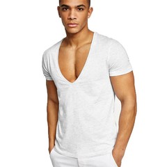 Men’s Deep V-Neck T-Shirt, Cotton Fitness Leisure Tops, Solid Color Europe Size