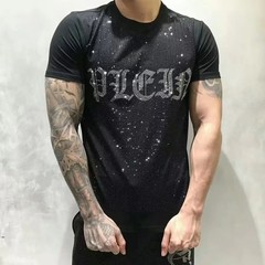New Fashion Trend Rhinestone Summer Short Sleeve Luxury Men Cotton Black T-Shirt