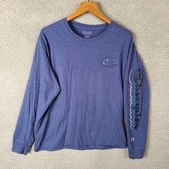 Champion Shirt Mens Large Blue Spellout Long Sleeve Athletic Crew Neck Cotton