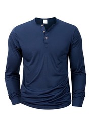 Men Long Sleeve Breathable Henley Button Tee Quick Dry Slim Fit Casual Top Gift