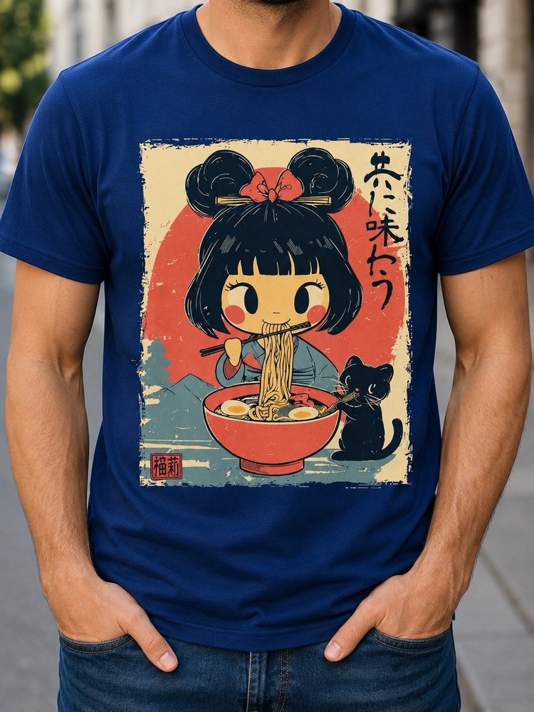 Kawaii Ramen Girl Cat Japanese Anime Graphic T-Shirt Cute Unisex White Tee