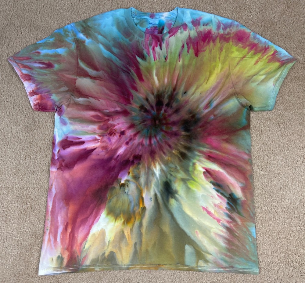 Handmade Ice Tie Dye T-Shirt Large Mens Womens Soft Cotton Green Plum Spiral