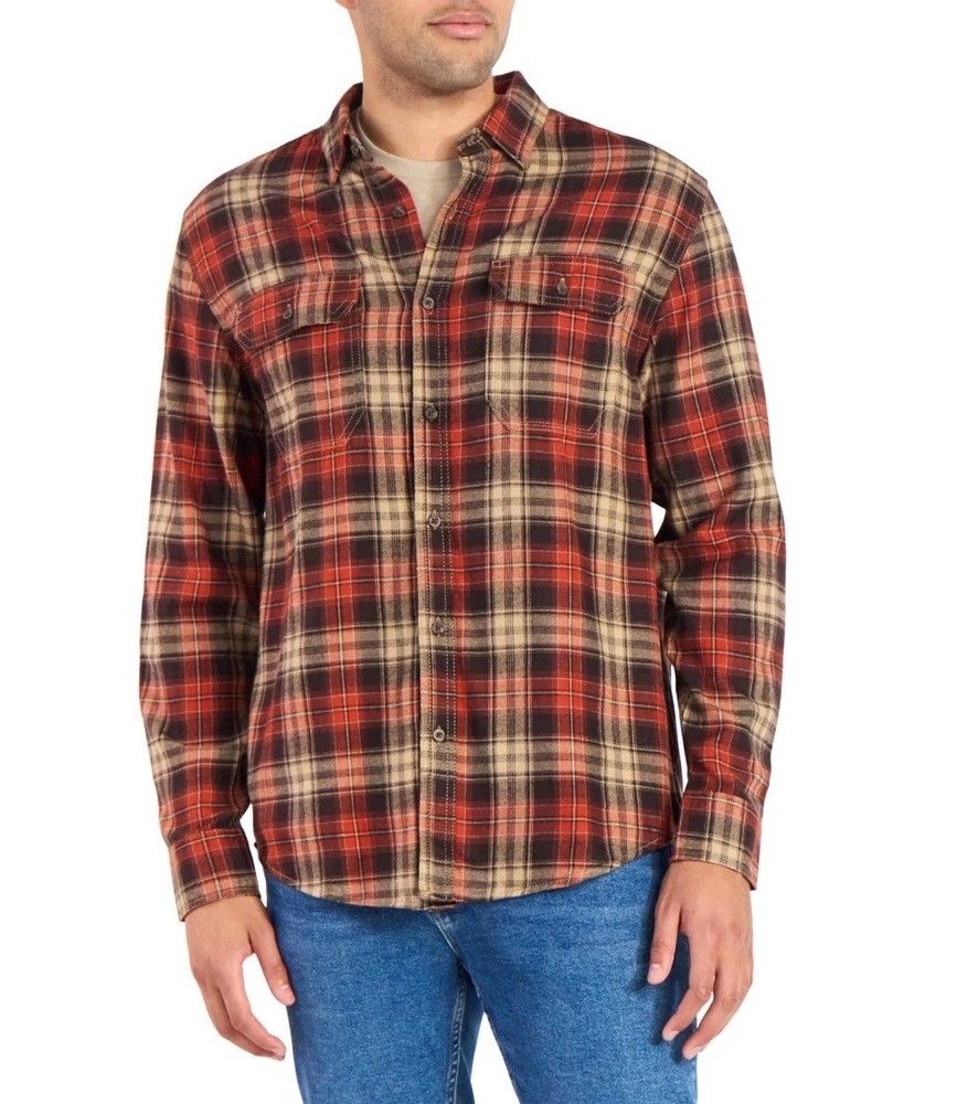 Classic-Fit Flannel Shirt 100% Cotton Plaid New Fashion Brown Orange