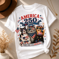 America 250 Birthday Shirt Patriotic Cat USA Flag 4th July Tee Gift