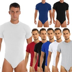 Men Short Sleeve Sport Bodysuit Jumpsuit Turn-Down Collar Shirt One-Piece Romper