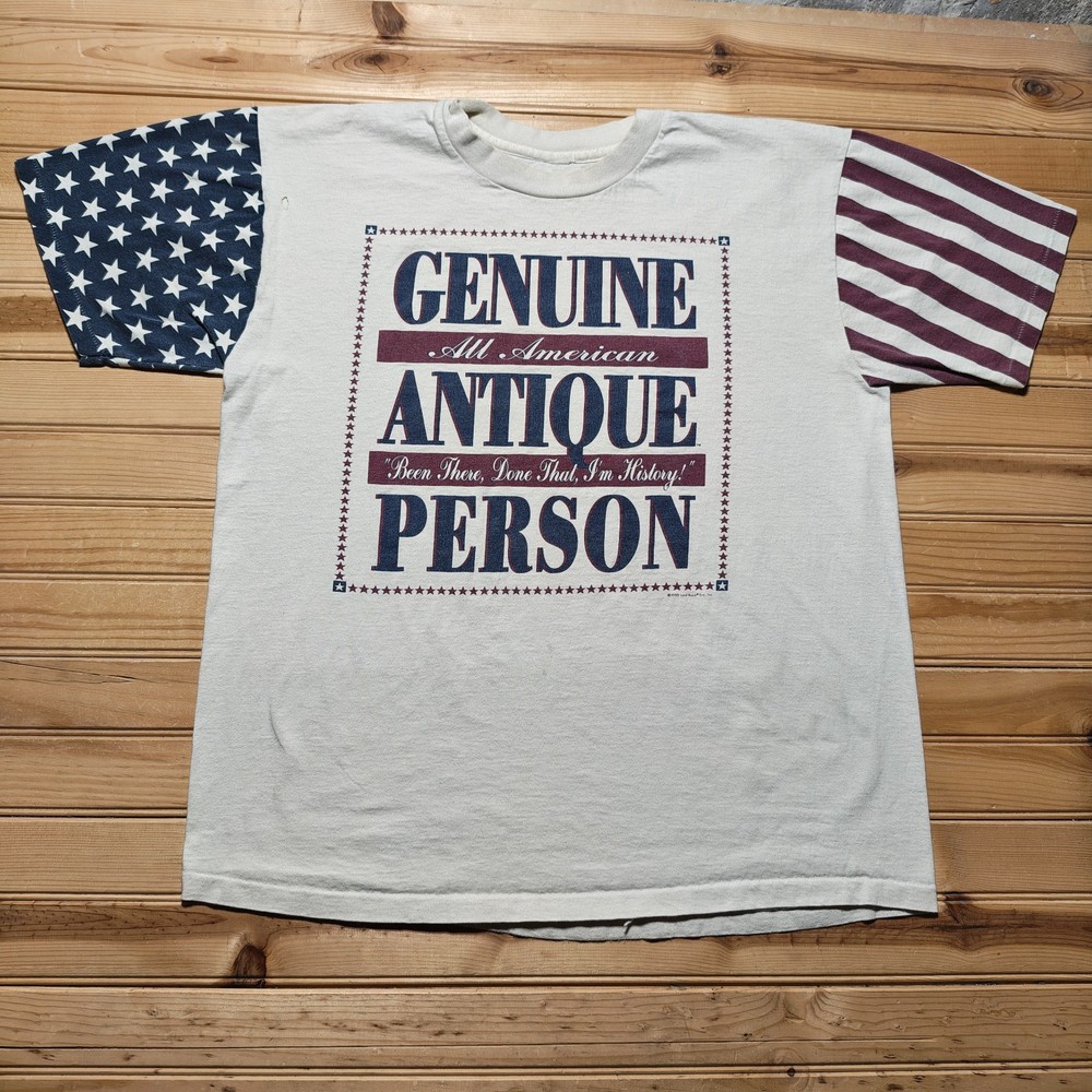 Vintage 1995 Genuine All American Antique Person Stars Stripes T-Shirt – Size XL