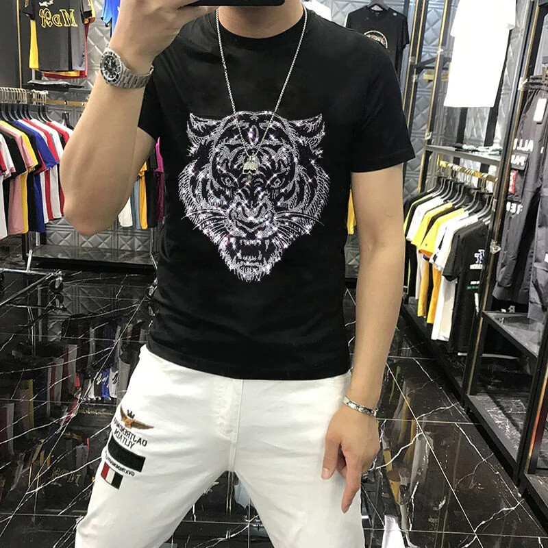 New Fashion Hot Drill Tiger Rhinestones Trend Cotton Summer Luxury Men T-Shirt