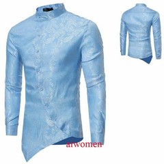 Men Printed Shirt Vintage Long Sleeve Grandad Collar Top Asymmetric Hem Slim YM0