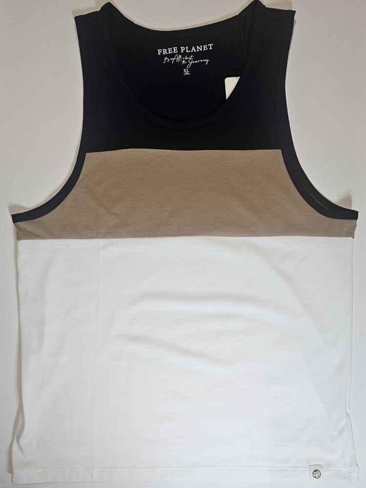 NEW Free Planet Mens Tank Top XL Navy Tan White Colorblock Summer Athleisure