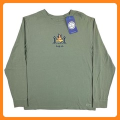 Life Is Good Crusher Log On Camp Fire Shirt Men Large Green Cotton Camping NEW