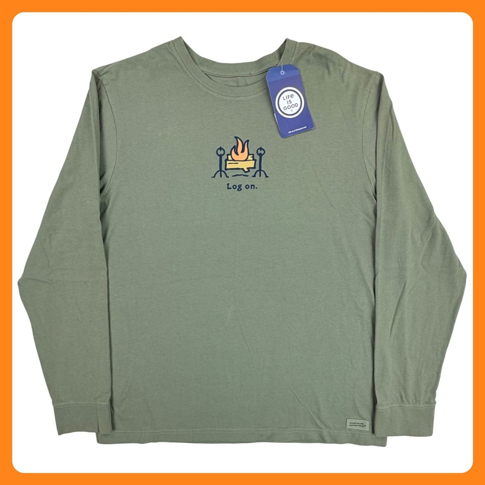 Life Is Good Crusher Log On Camp Fire Shirt Men Large Green Cotton Camping NEW