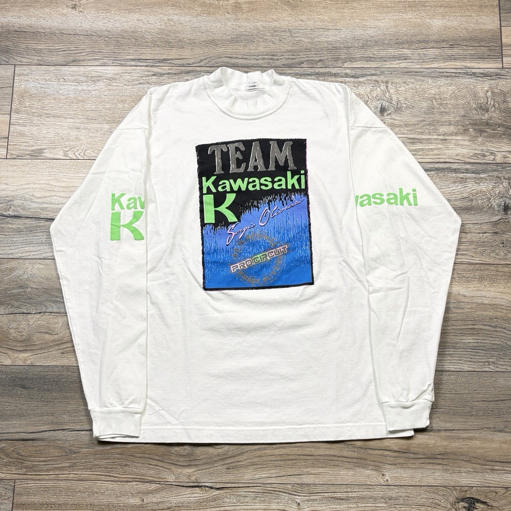 90s Kawasaki Men’s G White Cotton Knit Graphic Logo Crew Neck Long Sleeve TShirt