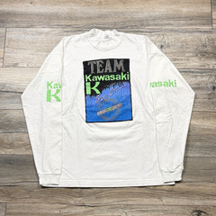 90s Kawasaki Men’s G White Cotton Knit Graphic Logo Crew Neck Long Sleeve TShirt