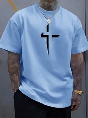 Men T Shirt 100% Cotton Round Neck Short Sleeve Cross Print Plus Size Loose Fit