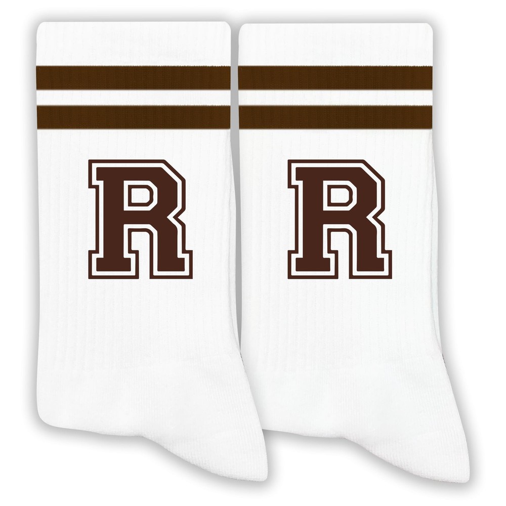 Brown Initial Stripes Socks with Letter R, Retro Athletic Style Socks, Person…
