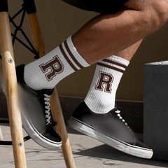 Brown Initial Stripes Socks with Letter R, Retro Athletic Style Socks, Person…