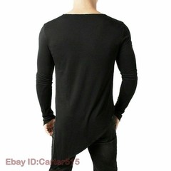 Mens Asymmetric Slit Hem Summer T-shirt Top Tee Long Sleeve Pullover Shirt Hot