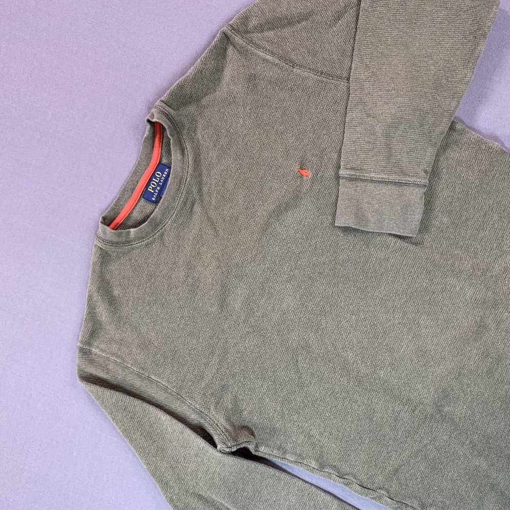 Polo Ralph Lauren Shirt Men MD Green Thermal Waffle Knit Long Sleeve Orange Pony