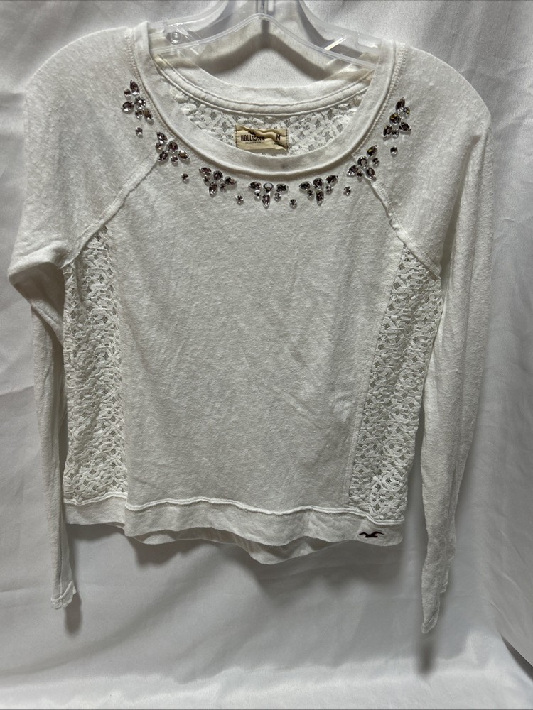 Hollister Women’s Long Sleeve Lacey Rhinestone Sheer White Shirt Gorgeous Size M