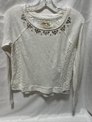 Hollister Women’s Long Sleeve Lacey Rhinestone Sheer White Shirt Gorgeous Size M