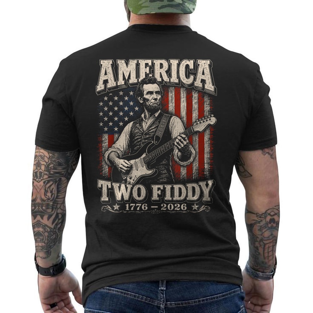 Two Fiddy Abraham Lincoln Abe Lincoln Playing Guitar Retro ON BACK T-Shirt