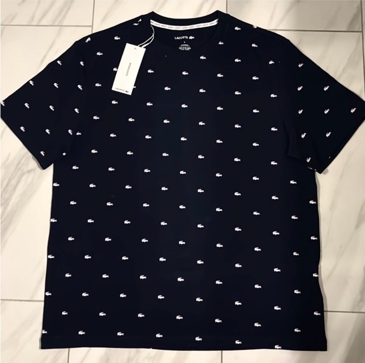 Lacoste Men’s All Over Sleepwear Croc Logo T-Shirt Navy Blue White New