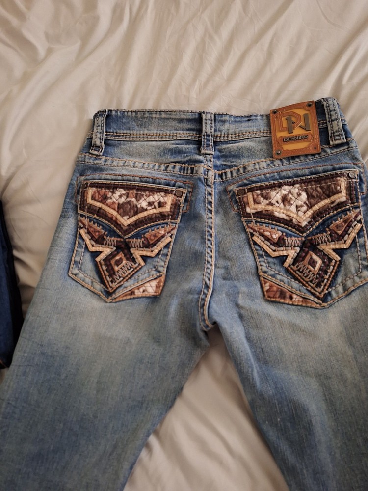 DE-NICO Milano Mens Blue Denim Bootcut Jeans Embroidered 5-Pocket Size 32