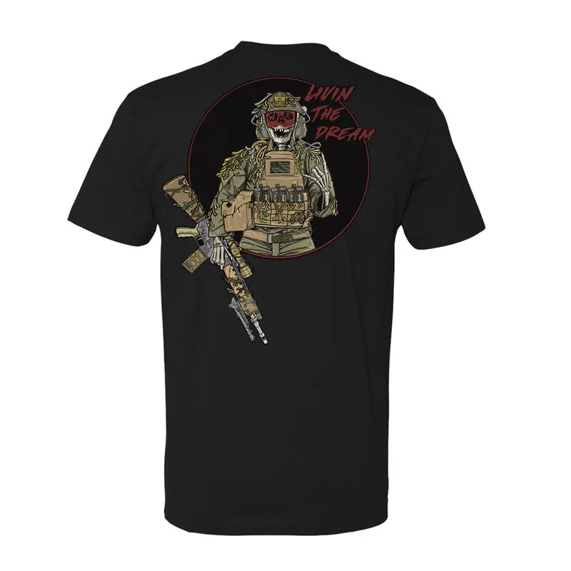 Livin The Dream Tactical T Shirt With Skull Soldier And Rifle Graphic, Tactical