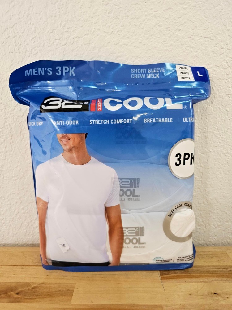 L / LARGE WHITE – 3 PACK – 32 Degrees Cool Men’s Short Sleeve T-Shirts Crew Neck