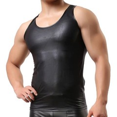 Wet Look Faux Leather Undershirt Tank Tops for Men Black Sleeveless T Shirt