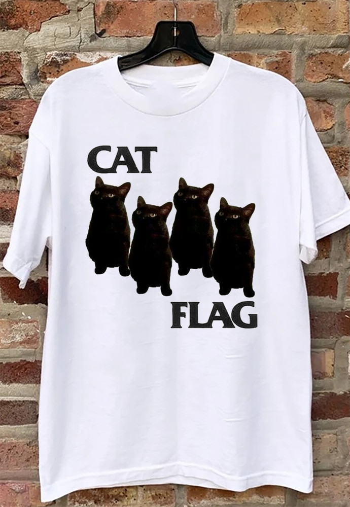 NEW CAT FLAG Black Flag Band Short Sleeve White All Size S-5XL Shirt OB924